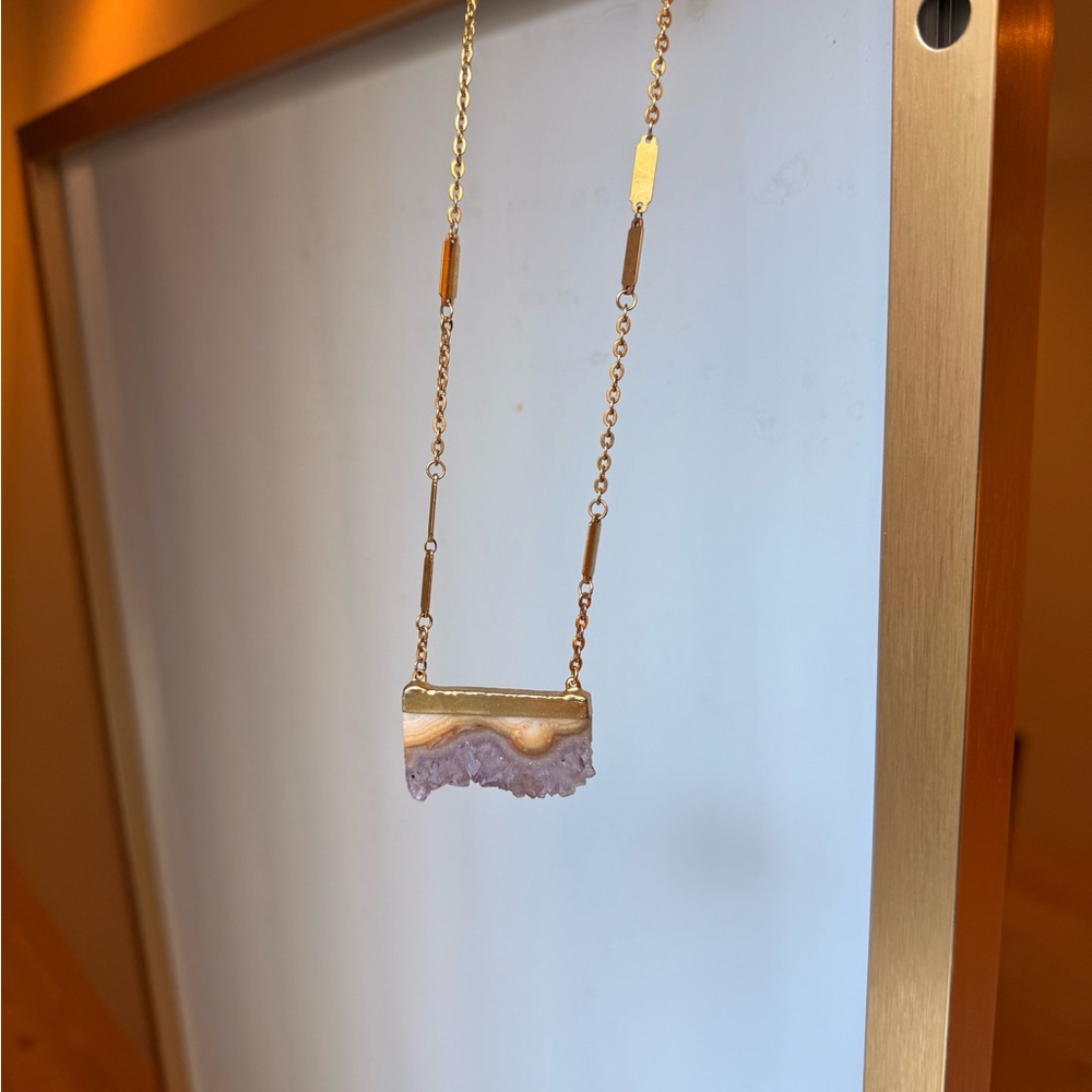 Rectangular Gold Played Amethyst Geode Slice Pend… - image 1